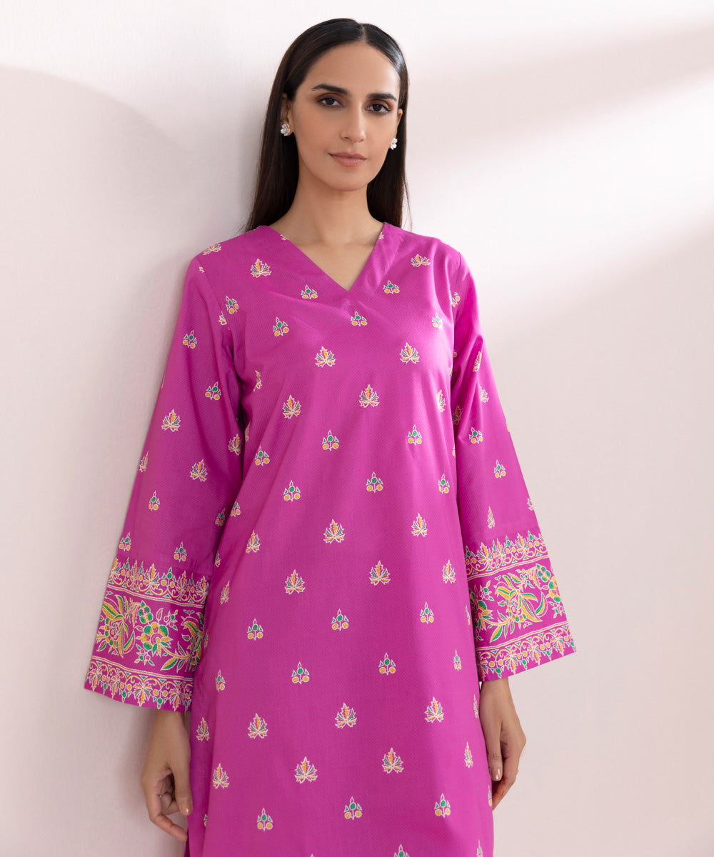 Women's Pret Cotton Pink Printed Straight Shirt