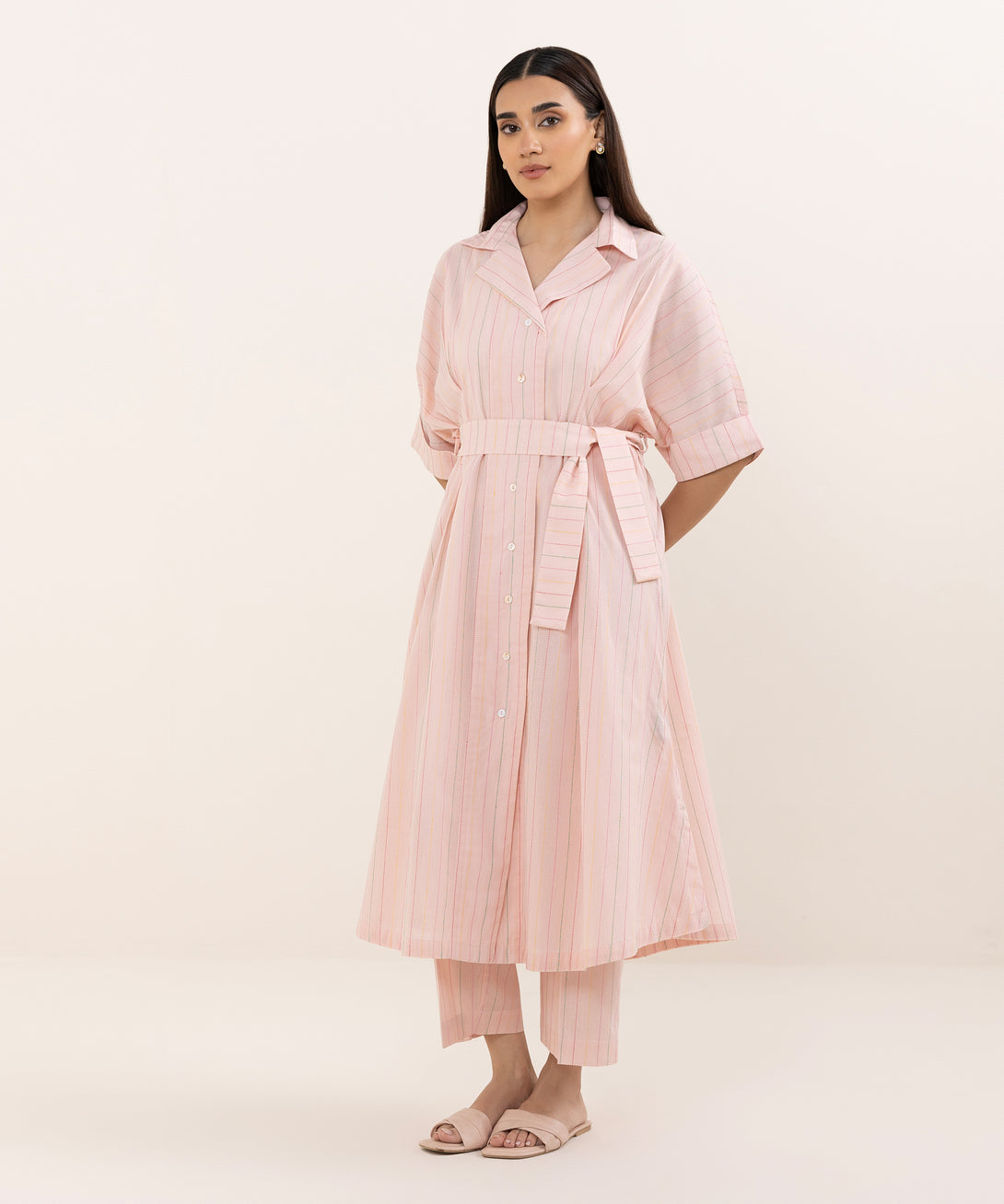 Women's RTW Dobby Pink Solid Button Down Shirt