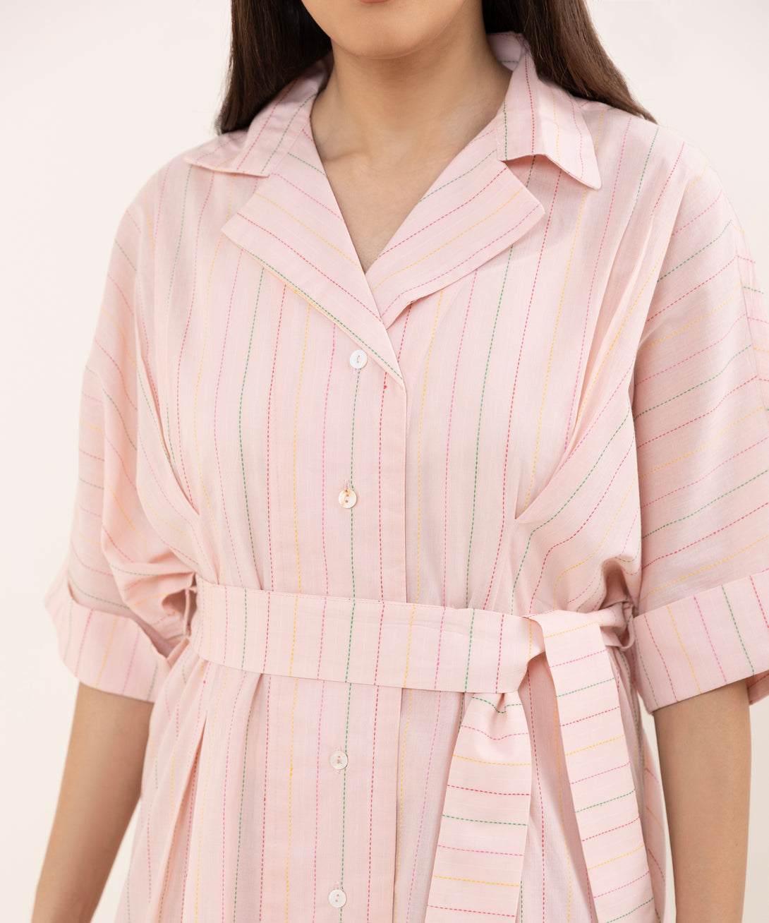Women's RTW Dobby Pink Solid Button Down Shirt