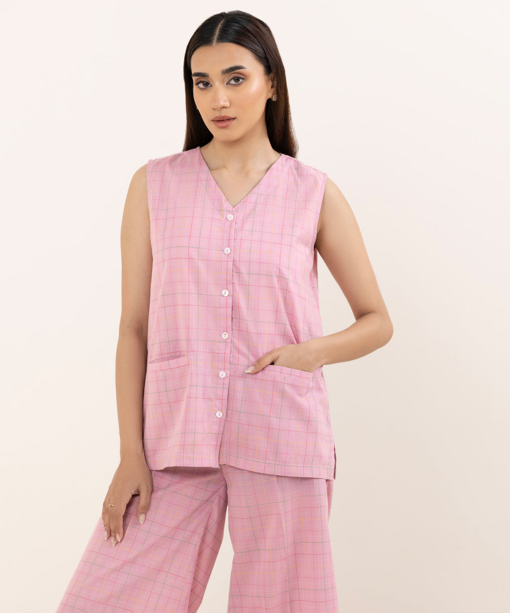 Women's RTW Dobby Pink Solid Button Down Shirt