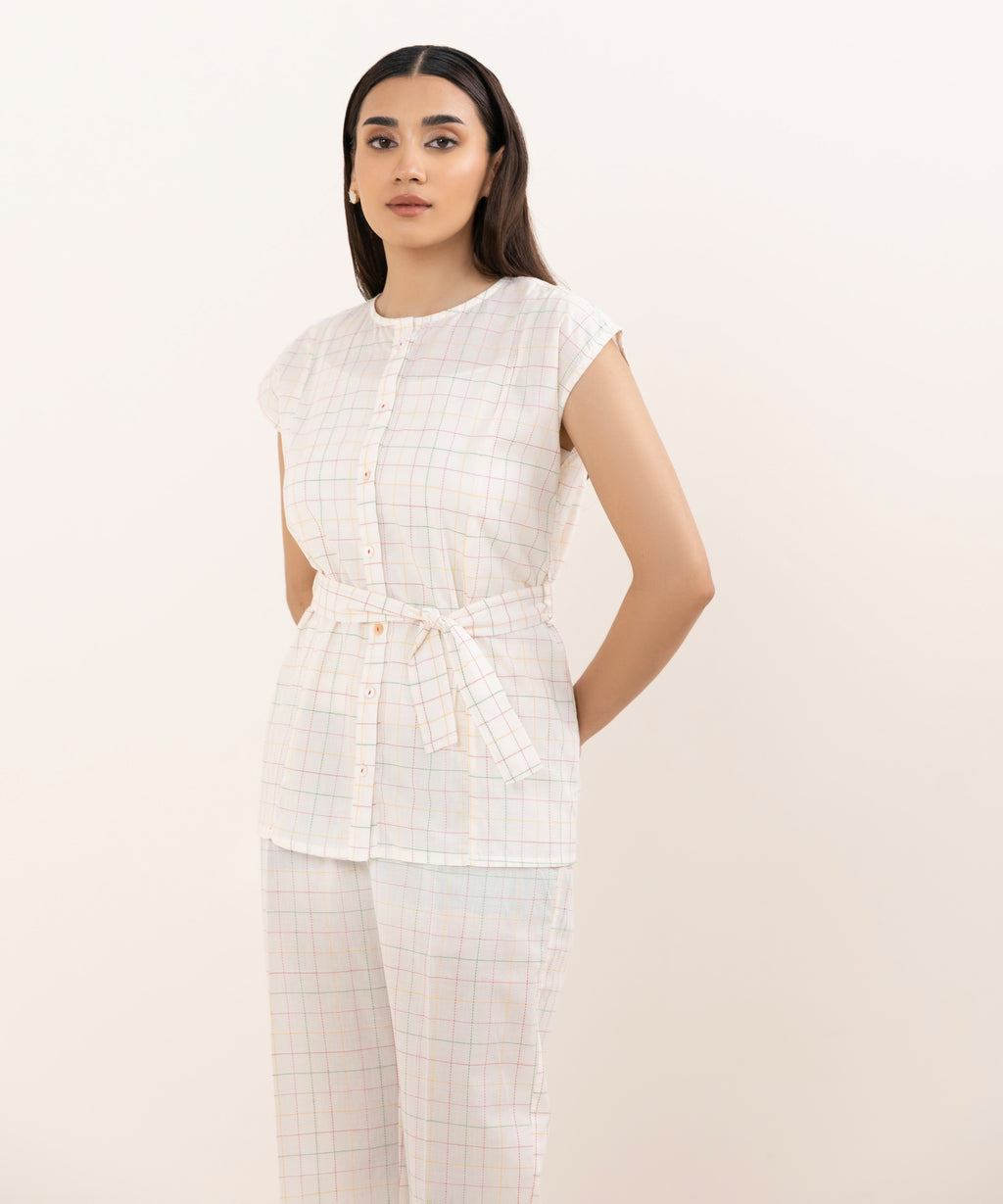 Women's RTW Dobby White Solid Button Down Shirt