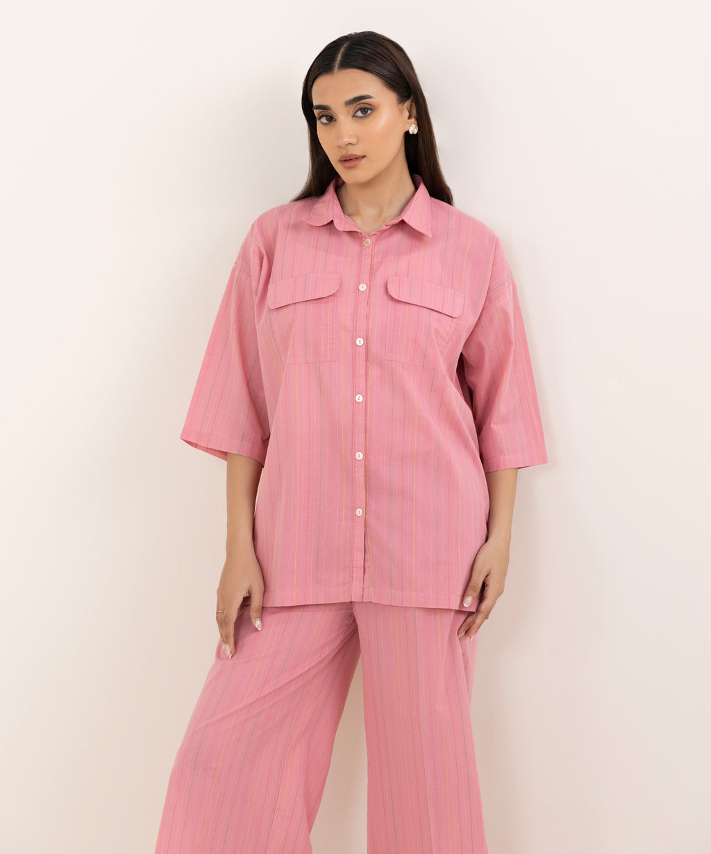 Women's RTW Dobby Pink Solid Button Down Shirt