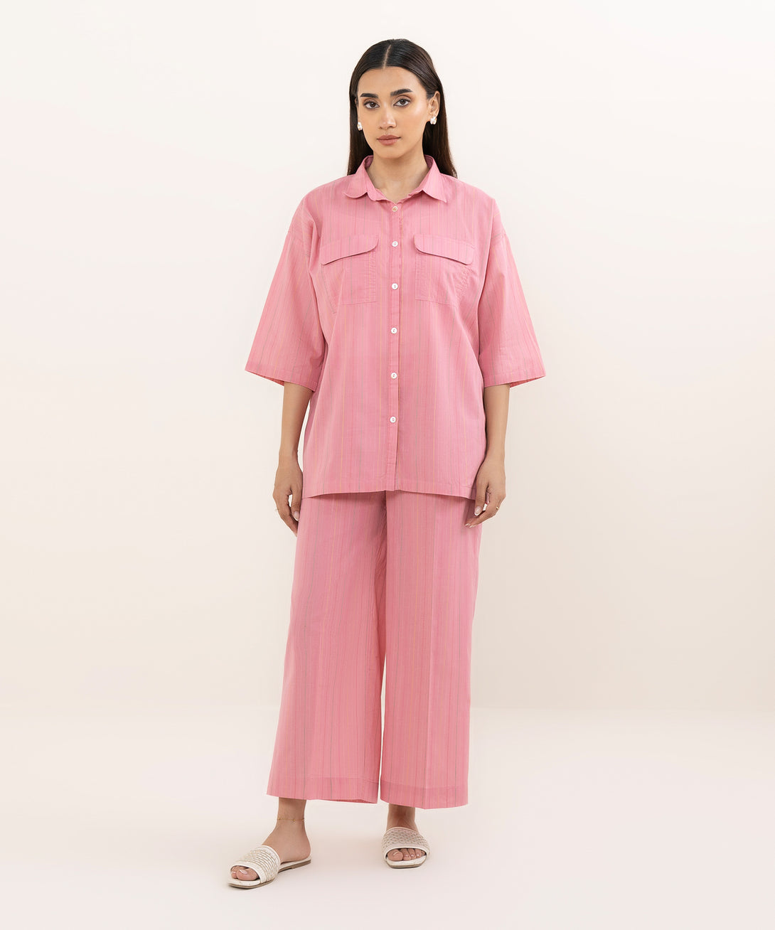 Women's RTW Dobby Pink Solid Button Down Shirt