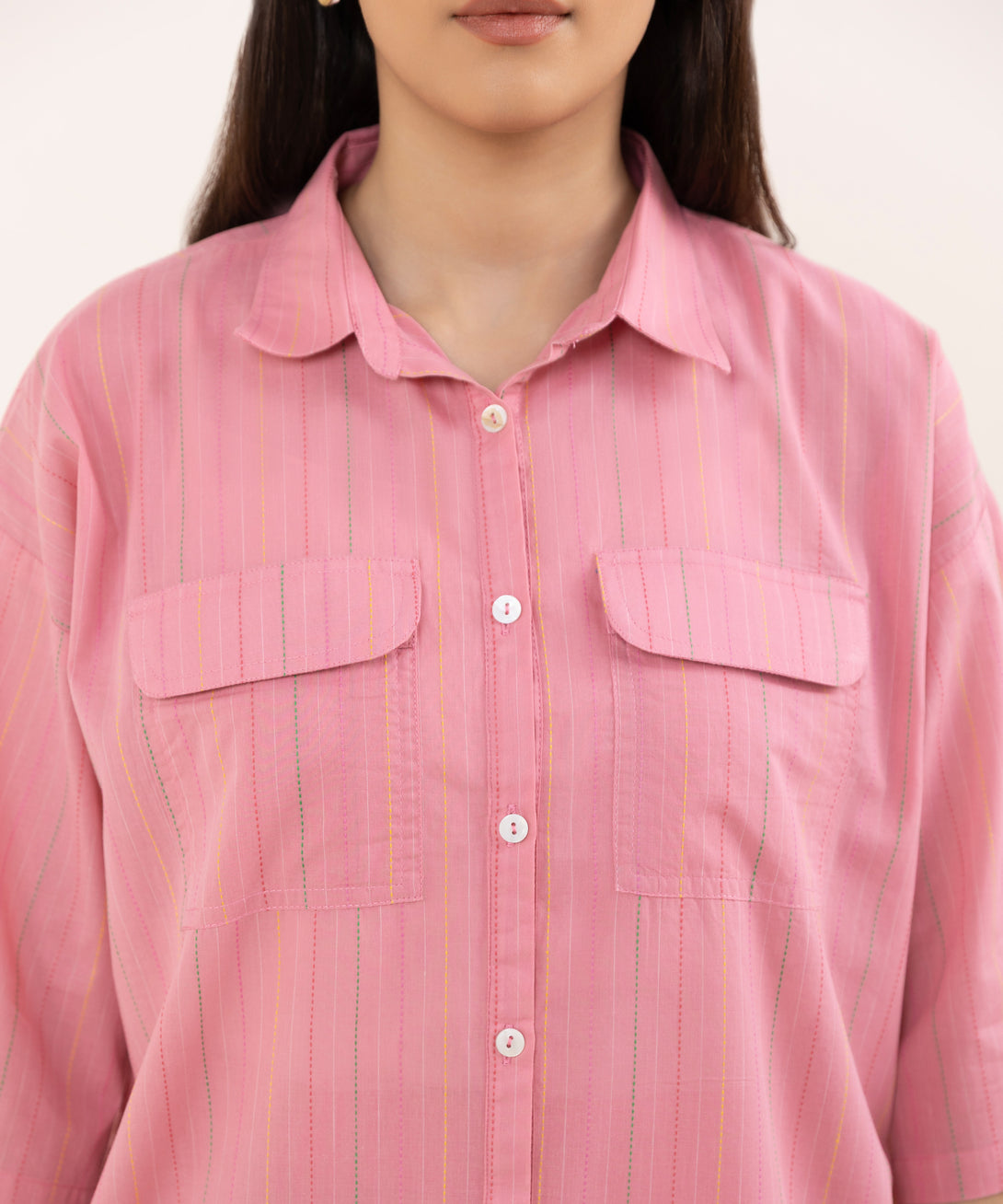 Women's RTW Dobby Pink Solid Button Down Shirt