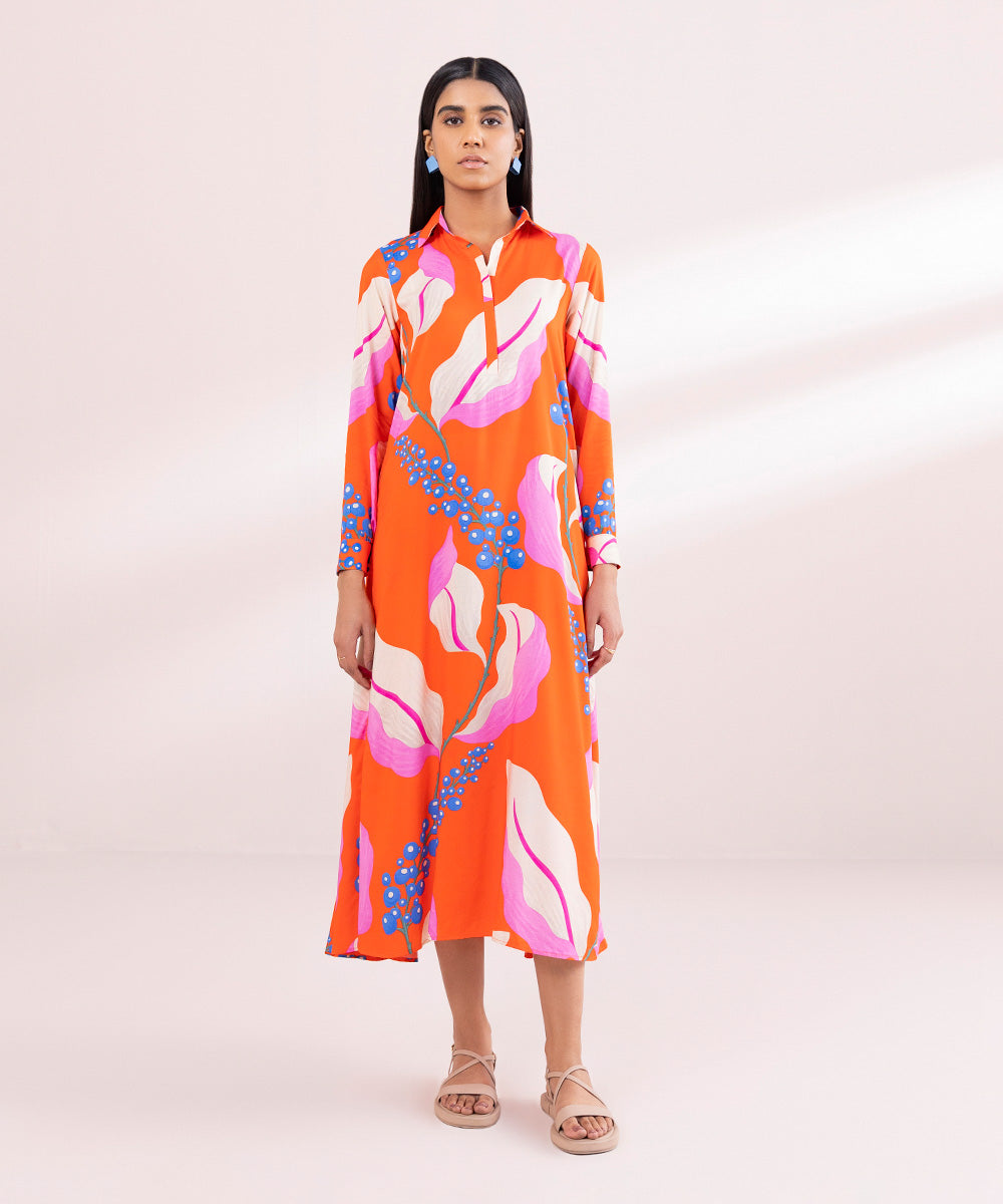 Women's Pret Arabic Lawn Orange Printed A-Line Shirt