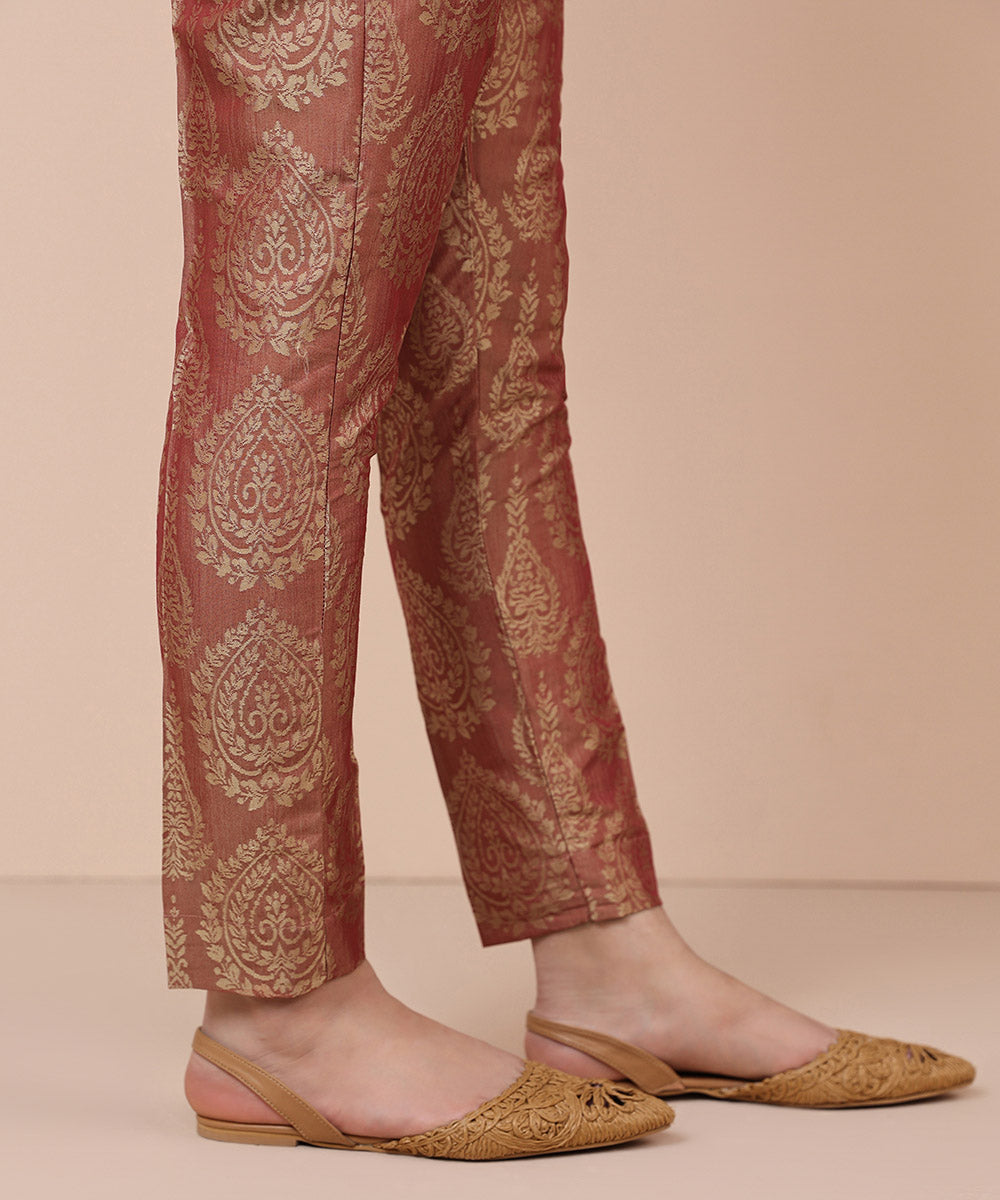 Women's Pret Blended Jacquard Dyed Rust Brown Cigarette Pants