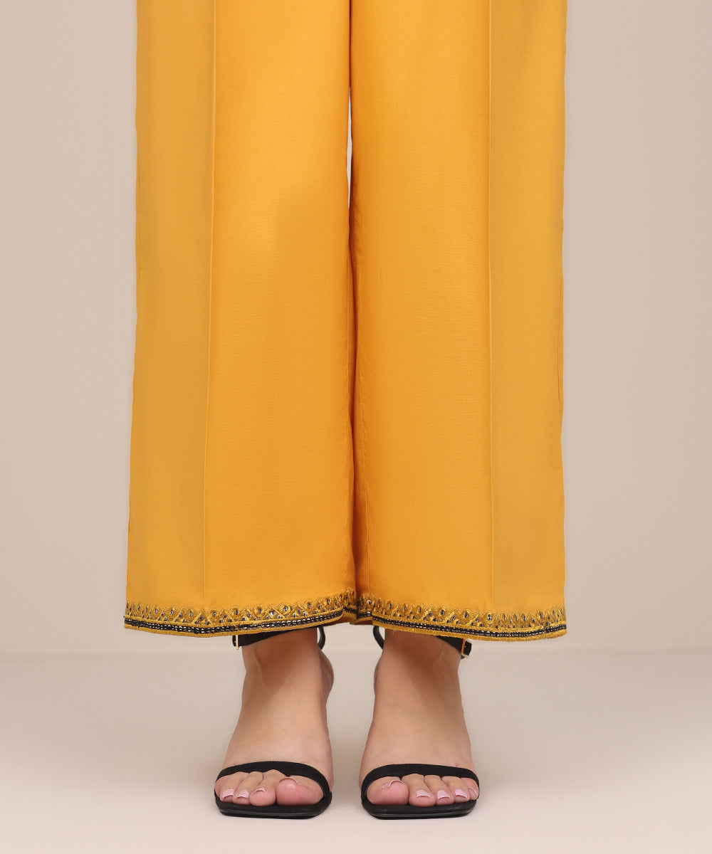 Women's Pret Cotton Viscose Yellow Embroidered Culottes