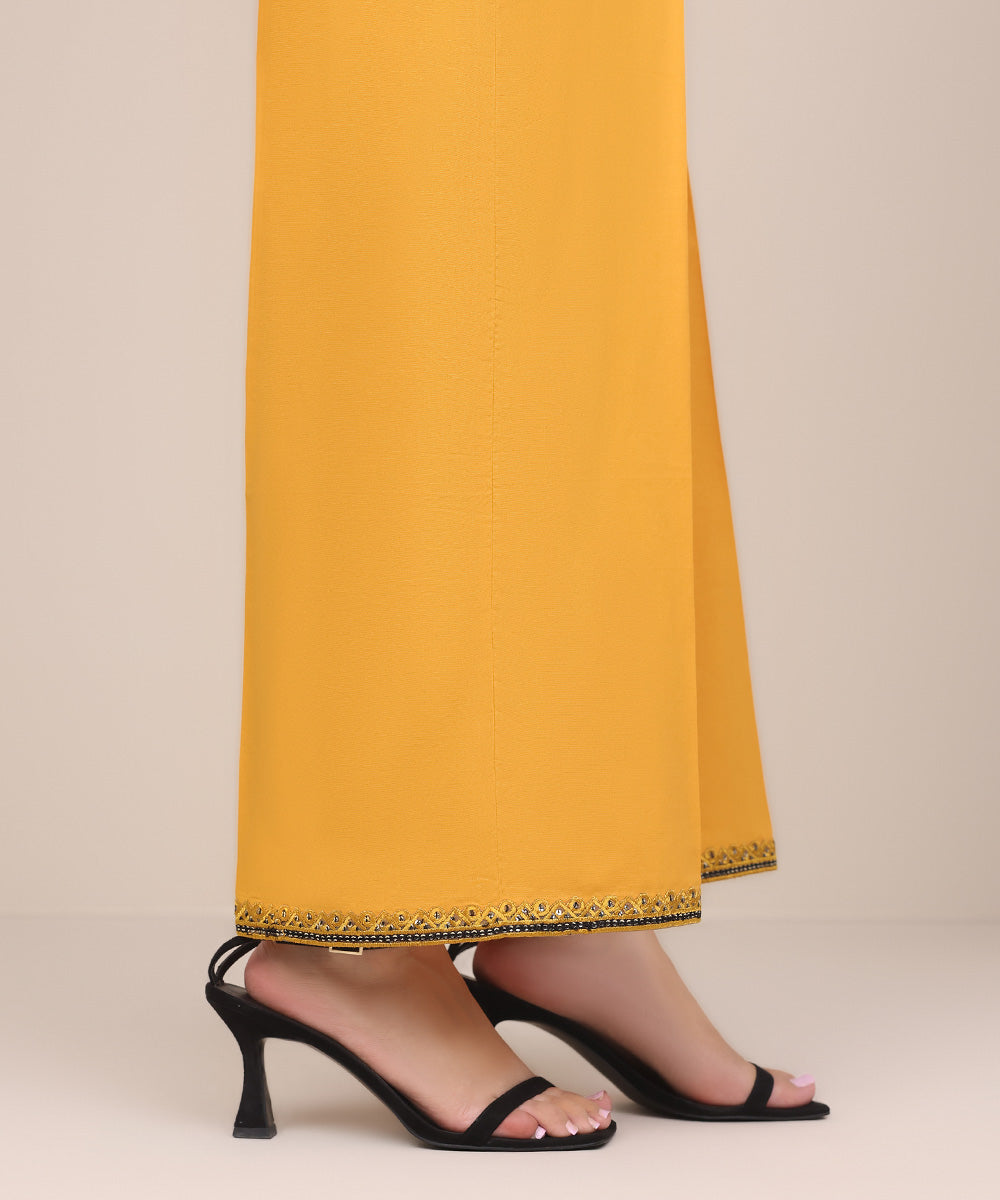 Women's Pret Cotton Viscose Yellow Embroidered Culottes