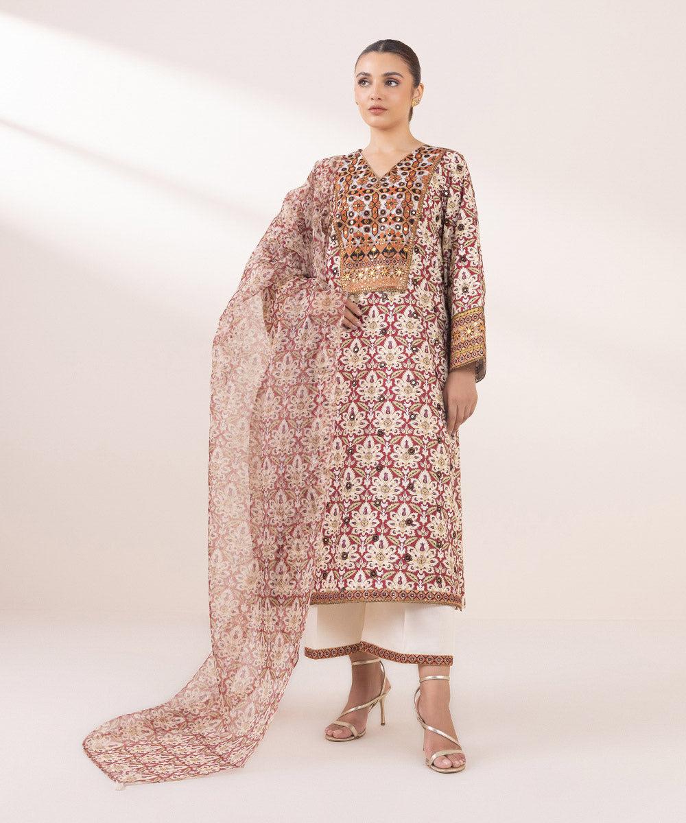 Blended Organza Brown Printed Dupatta