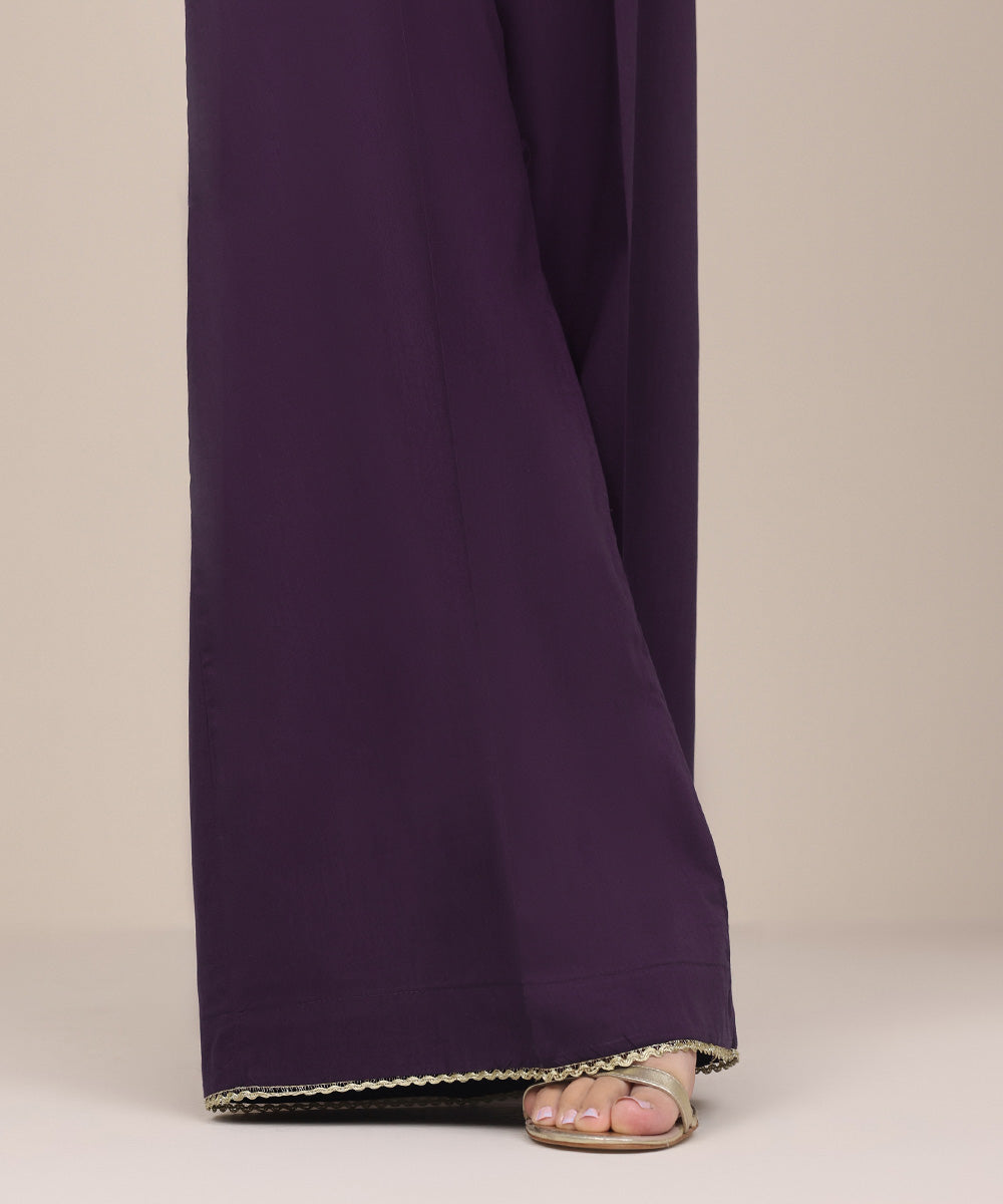 Women's Pret Cotton Viscose Purple Solid Flared Pants