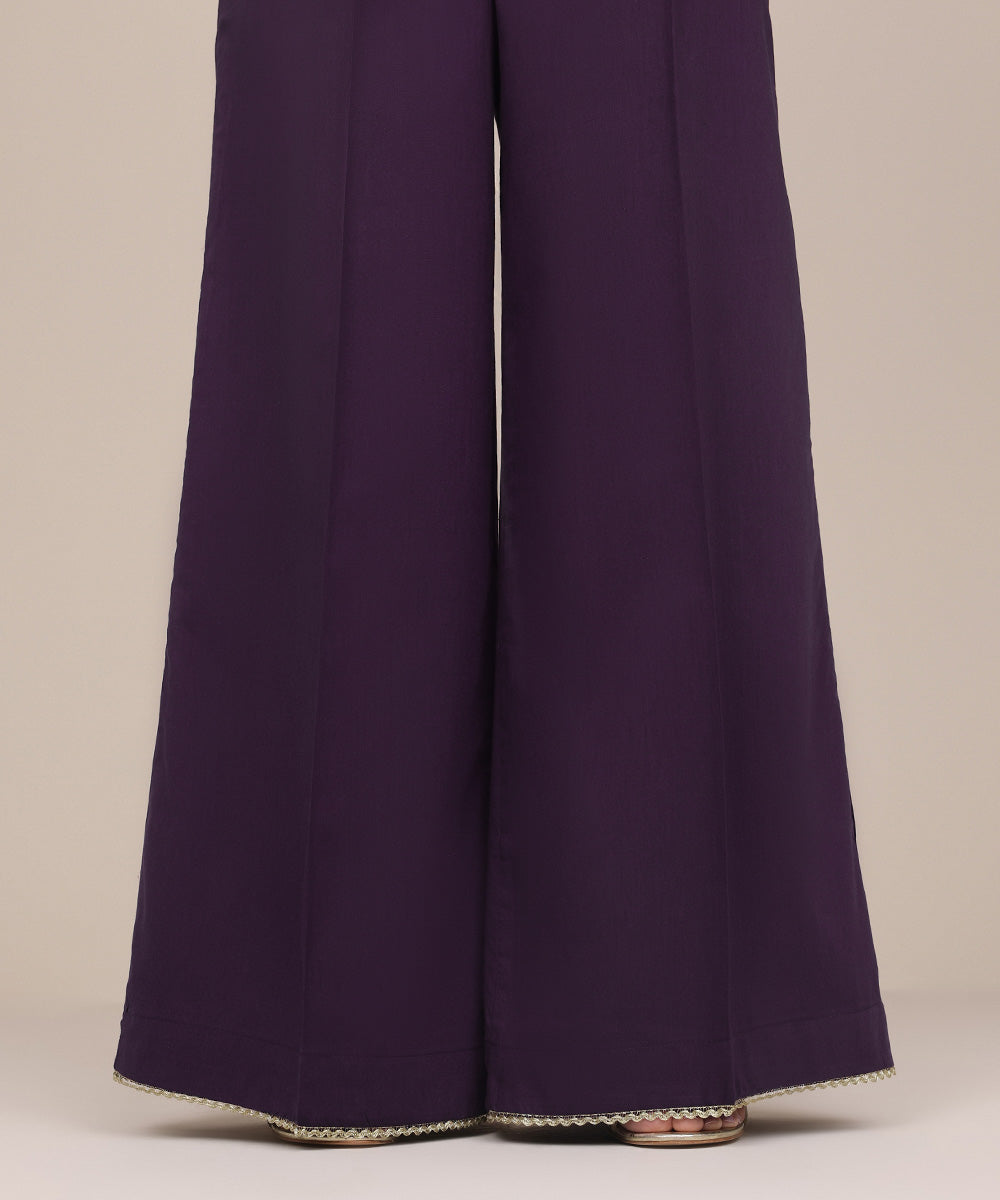 Women's Pret Cotton Viscose Purple Solid Flared Pants