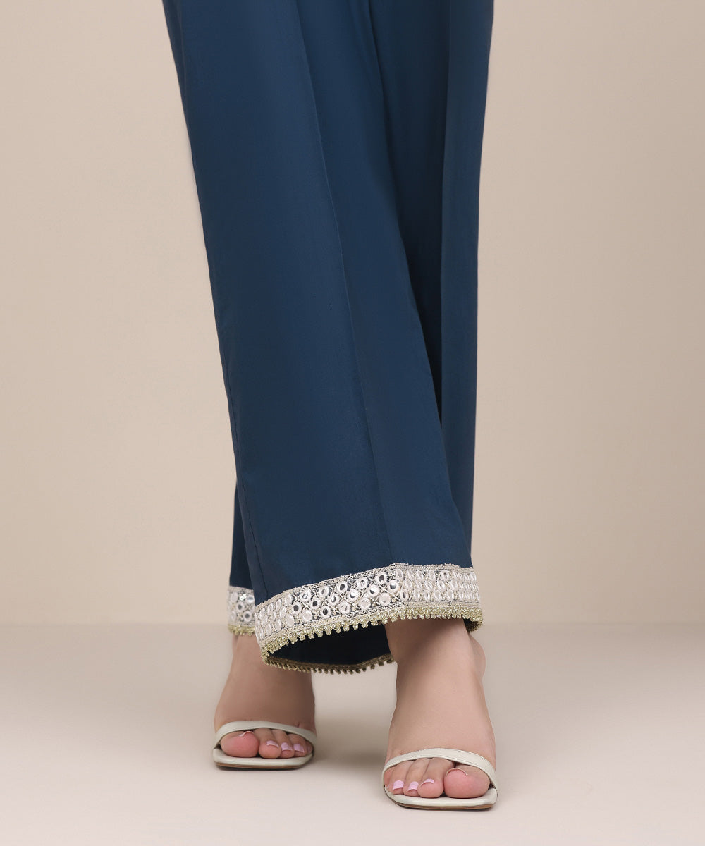 Women's Pret Cotton Viscose Blue Embroidered Culottes