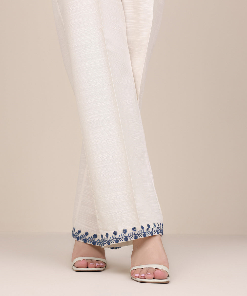 Women's Pret Khaddar Off White Embroidered Straight Pants