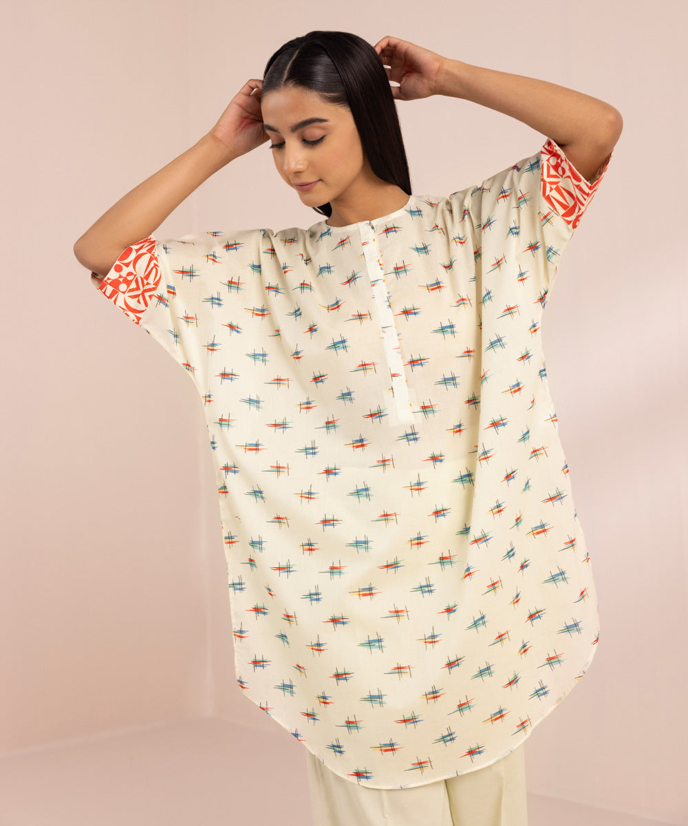 Women's Pret Lawn Off White Printed Drop Shoulder Shirt