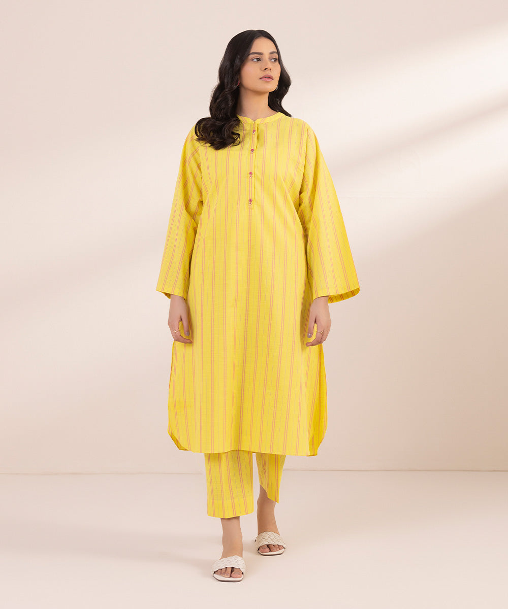 Women's Pret Yarn Dyed Solid Yellow Straight Shirt
