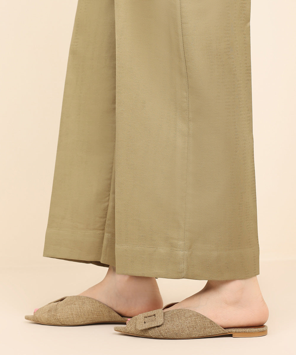 Women's Pret Cotton Jacquard Brown Solid Straight Pants