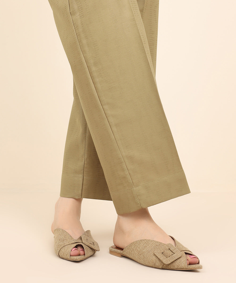 Women's Pret Cotton Jacquard Brown Solid Straight Pants