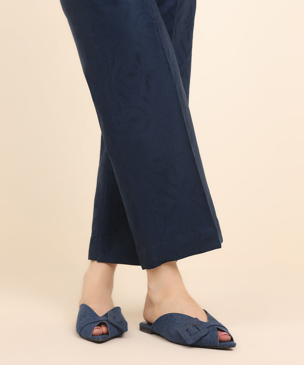 Women's Pret Cotton Jacquard Blue Solid Straight Pants