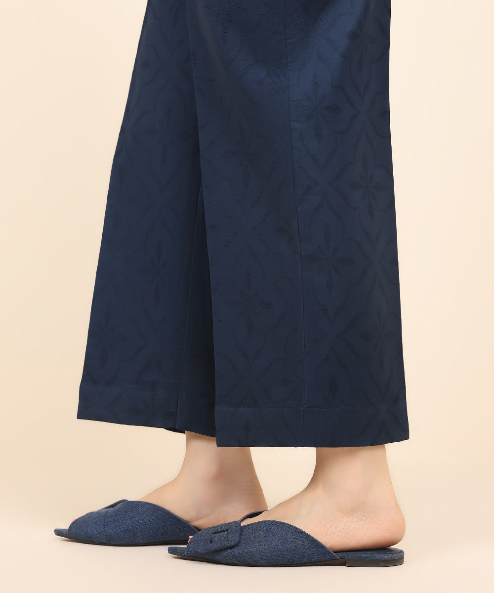 Women's Pret Cotton Jacquard Blue Solid Straight Pants