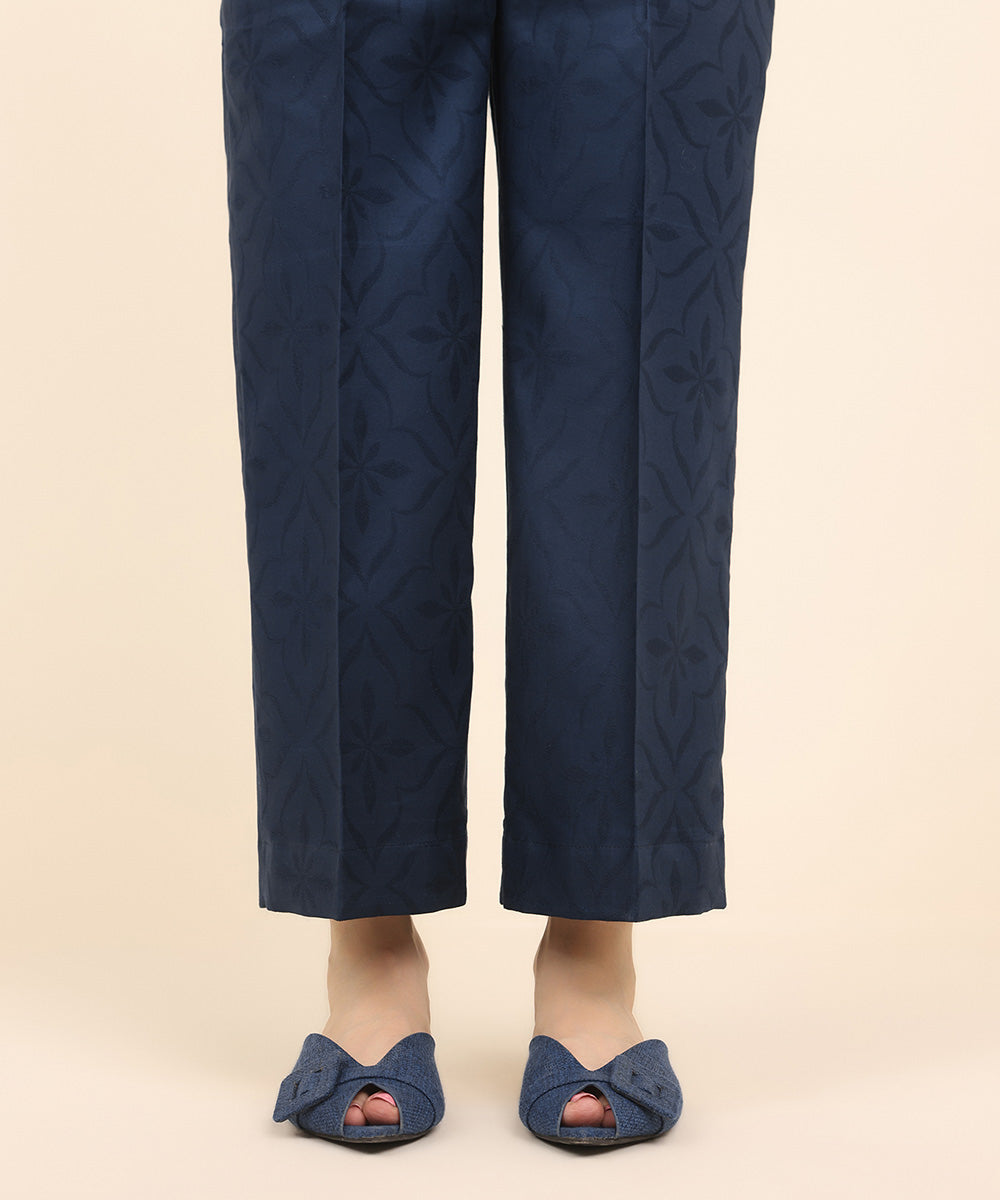 Women's Pret Cotton Jacquard Blue Solid Straight Pants