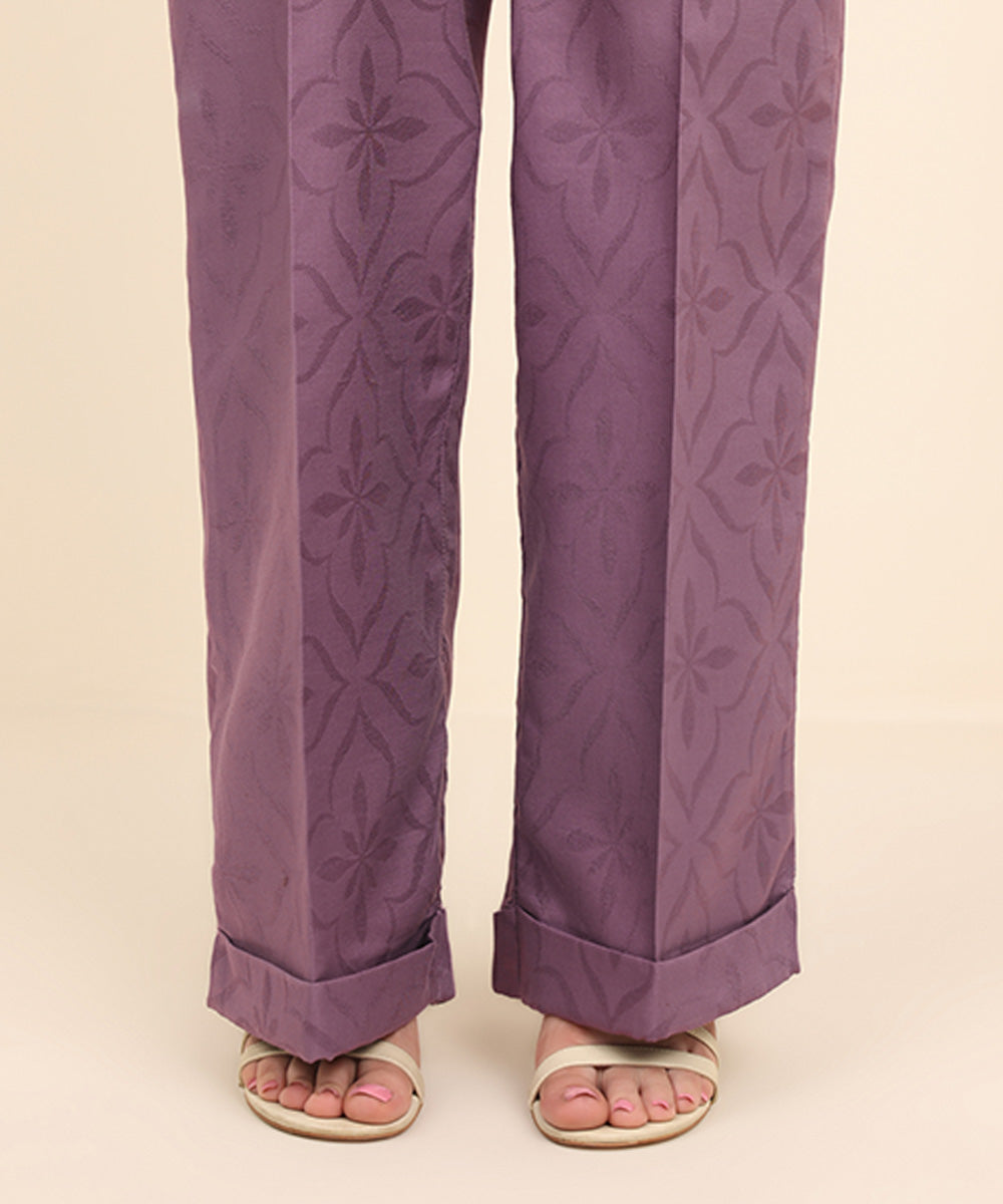 Women's Pret Cotton Jacquard Purple Solid Straight Pants