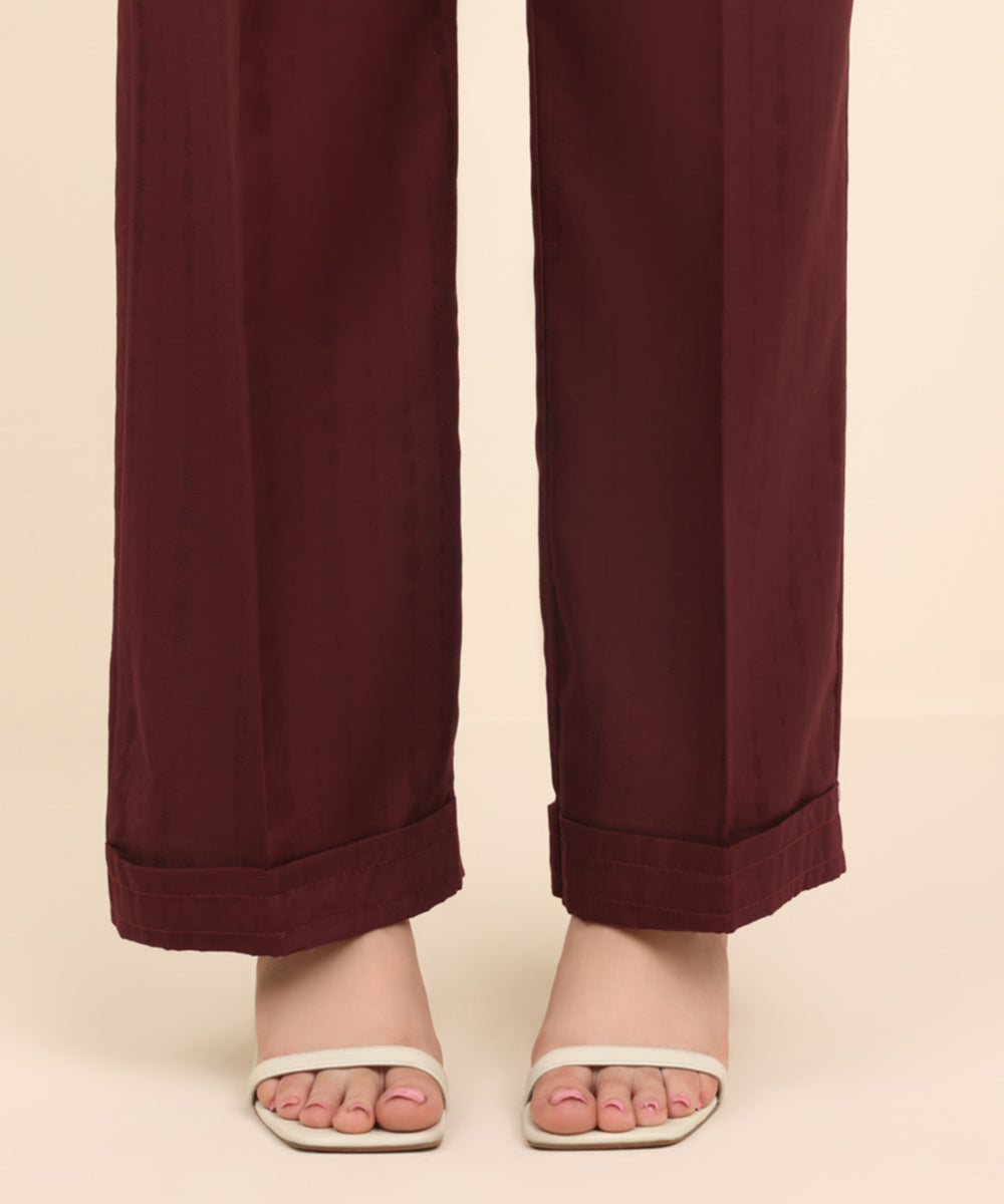 Women's Pret Cotton Jacquard Red Solid Straight Pants