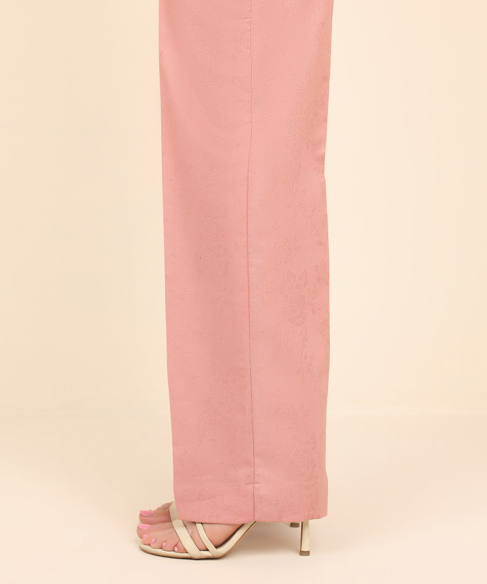 Women's Pret Cotton Jacquard Pink Solid Straight Pants