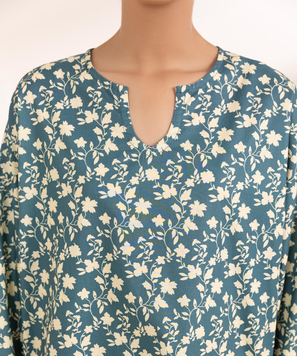 Women's Pret Cambric Printed Green Boxy Shirt