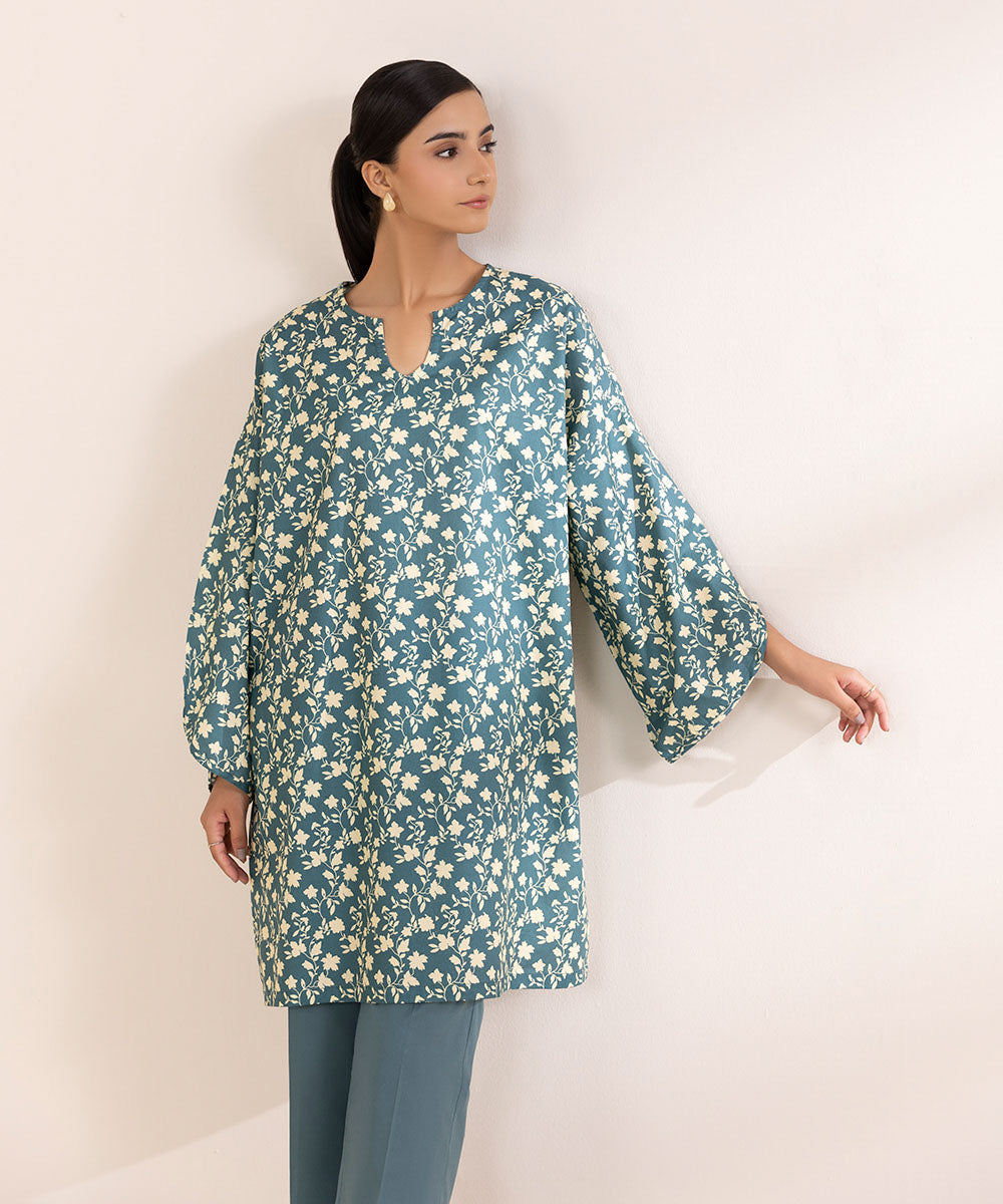 Women's Pret Cambric Printed Green Boxy Shirt