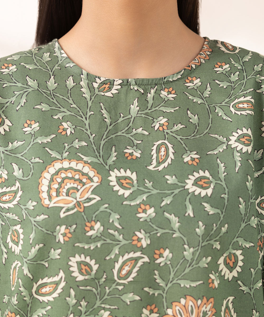 Women's Pret Cambric Printed Green Straight Shirt