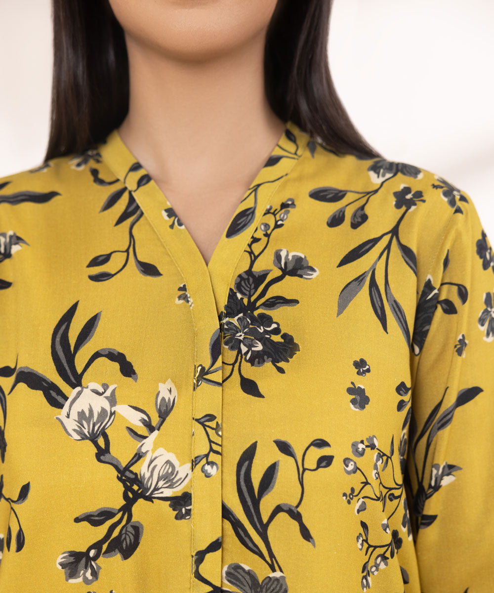 Women's Pret Linen Printed Mustard Straight Shirt