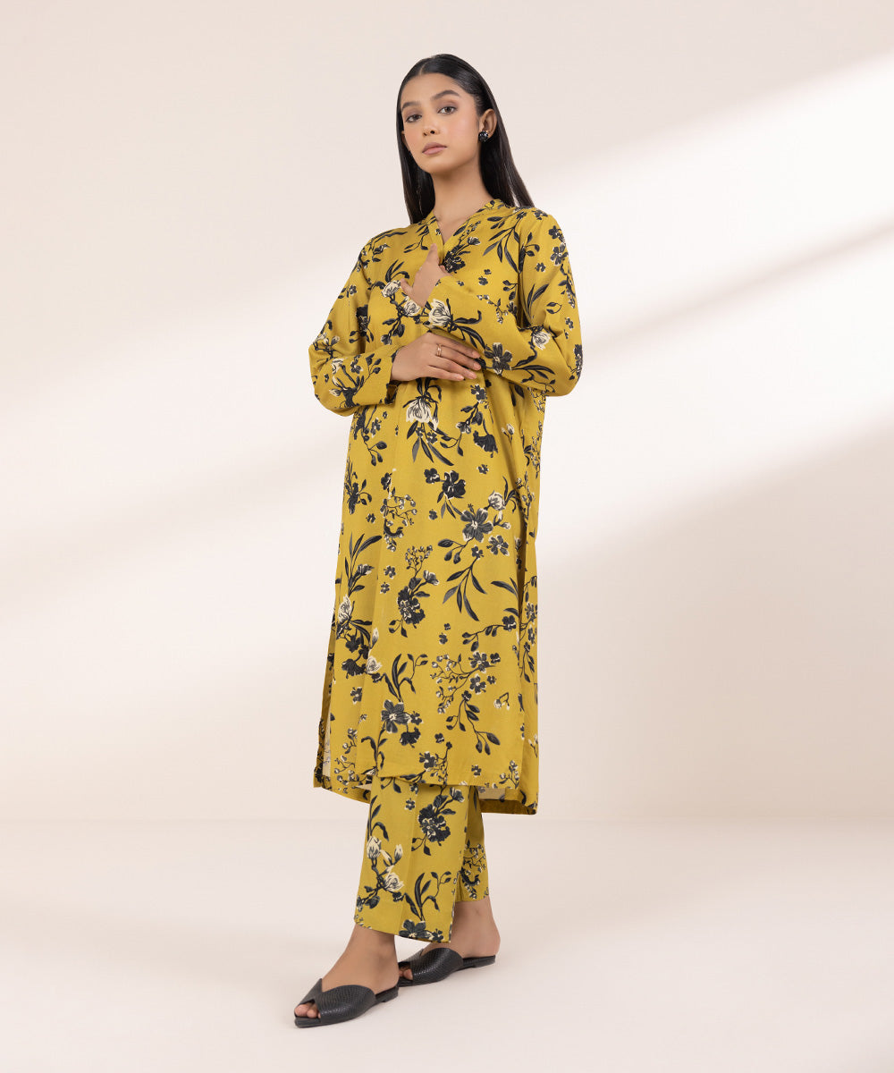 Women's Pret Linen Printed Mustard Straight Shirt