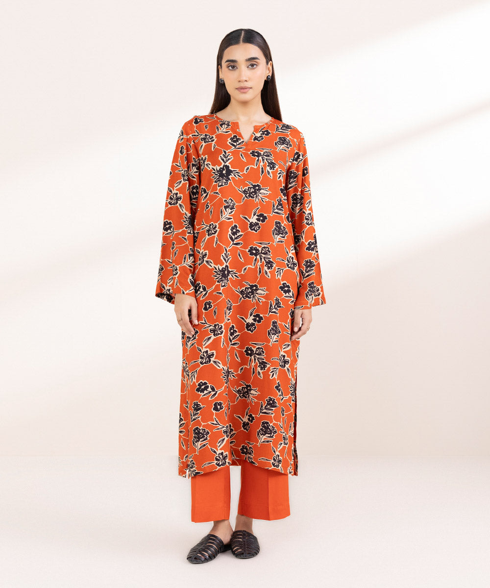 Women's Pret Linen Printed Tangerine Straight Shirt