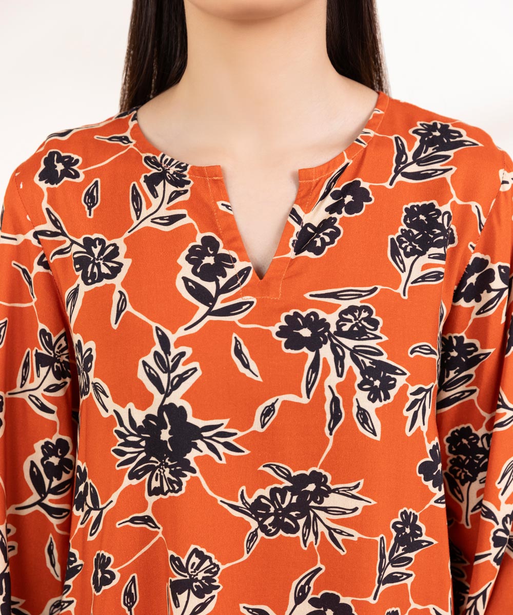 Women's Pret Linen Printed Tangerine Straight Shirt