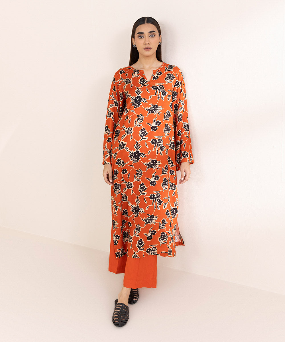 Women's Pret Linen Printed Tangerine Straight Shirt