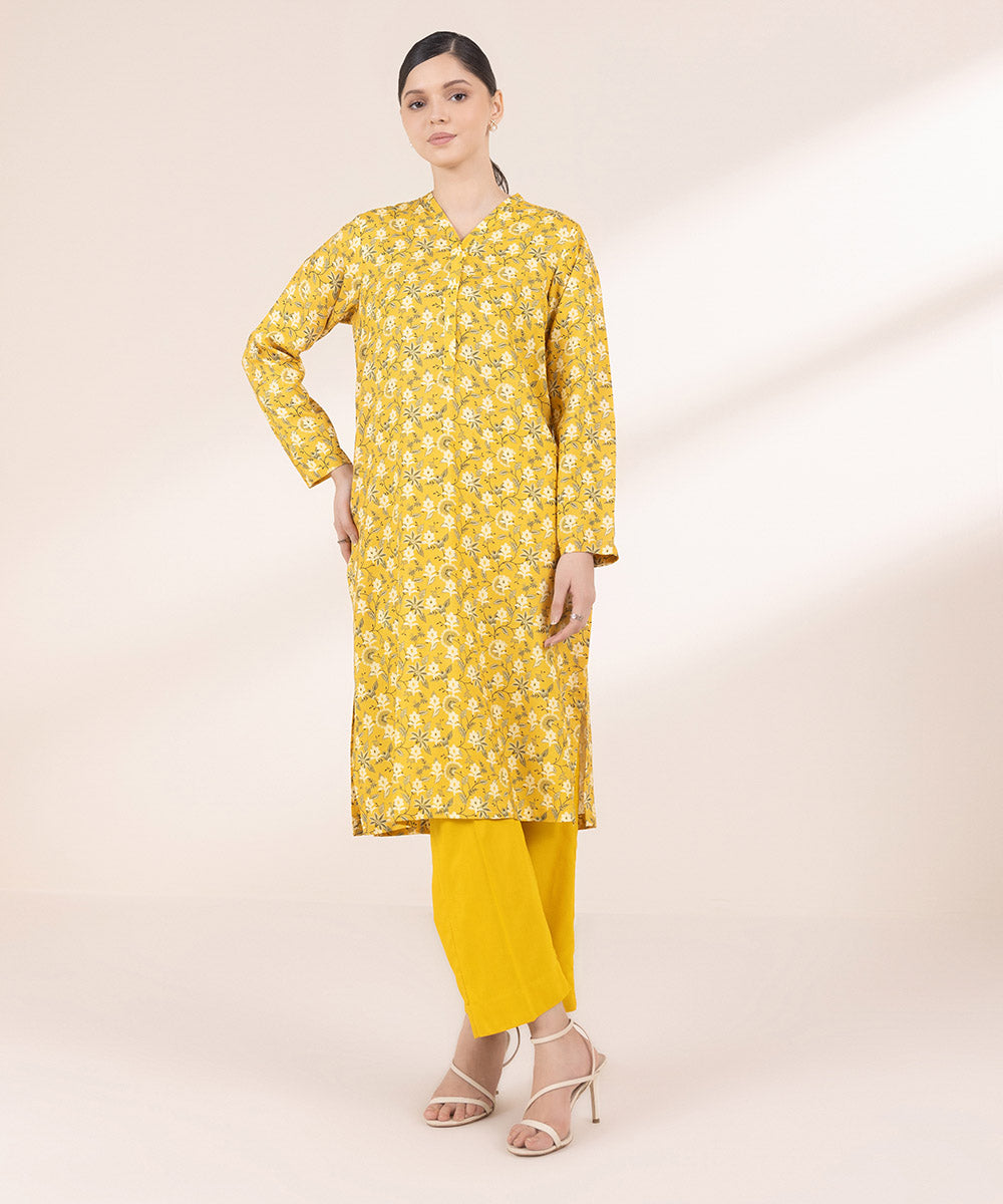 Women's Pret Linen Printed Yellow Straight Shirt