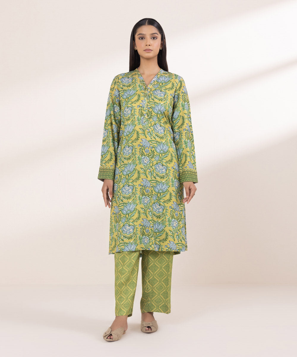 Women's Pret Linen Printed Mustard Straight Shirt