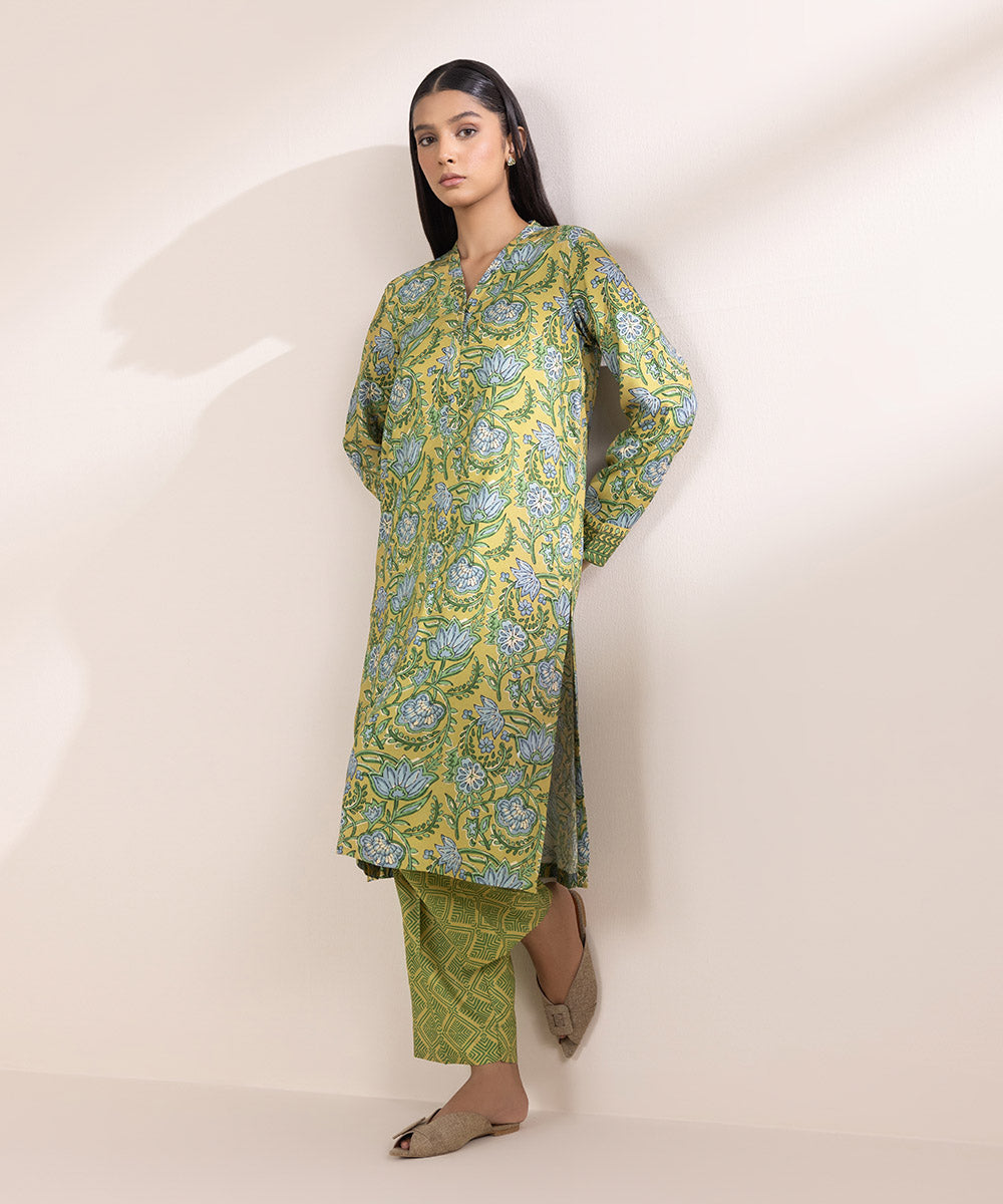 Women's Pret Linen Printed Mustard Straight Shirt