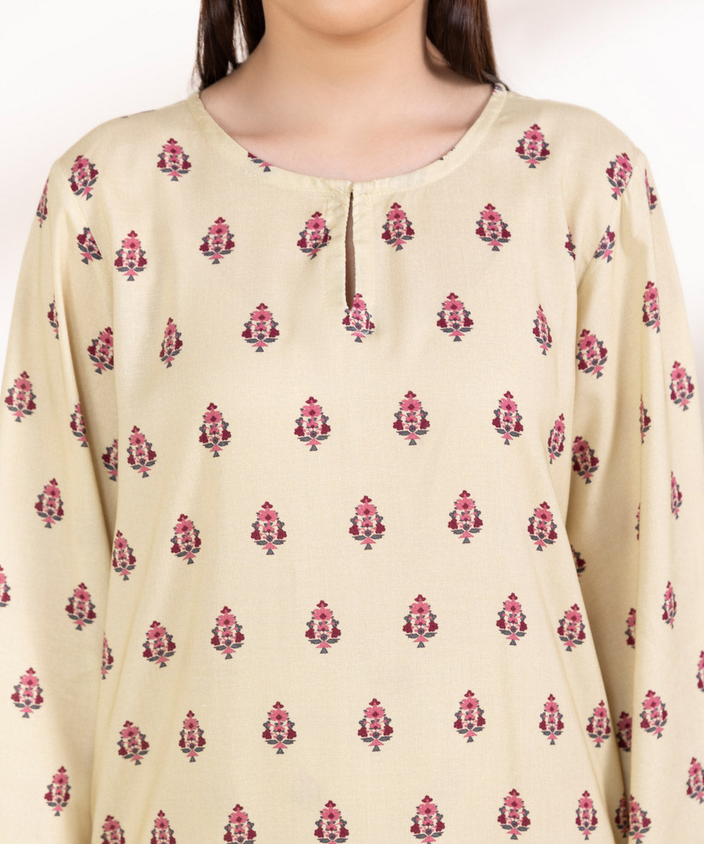 Women's Pret Linen Printed Beige Straight Shirt