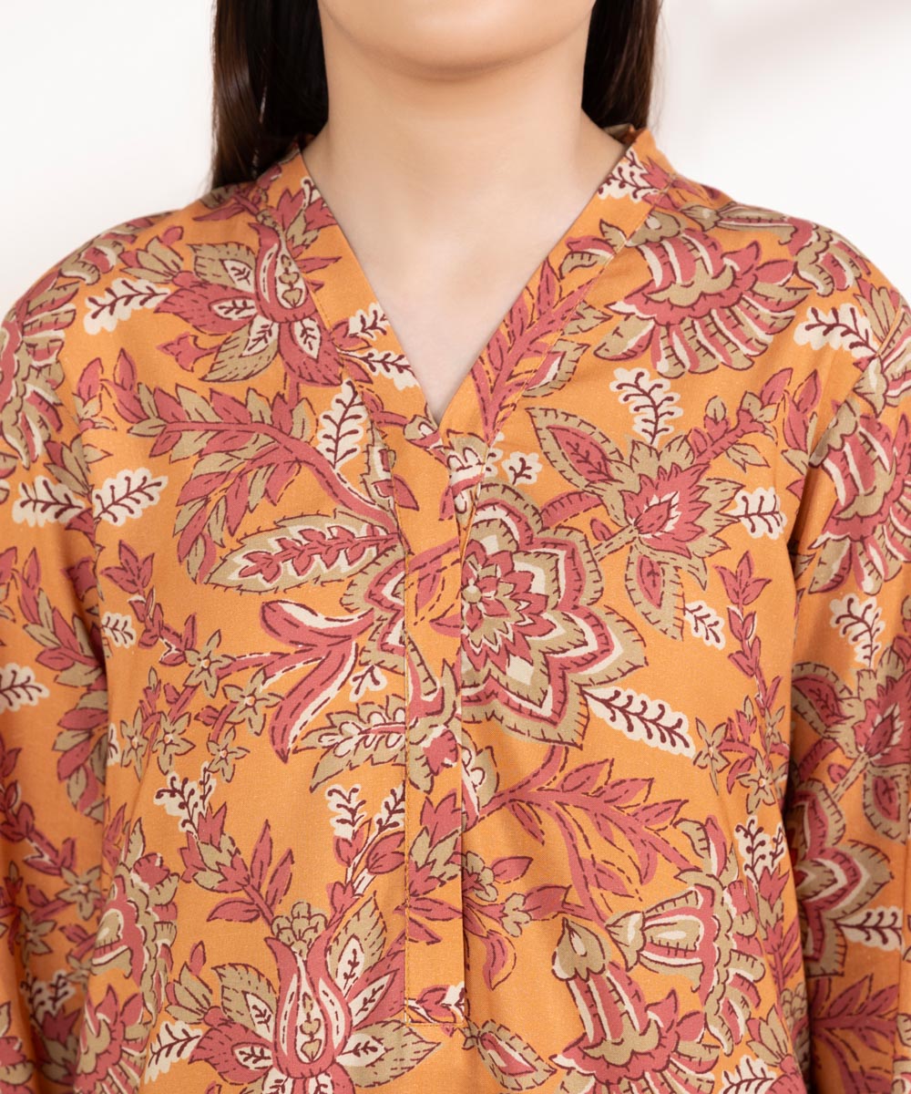 Women's Pret Linen Printed Orange Straight Shirt