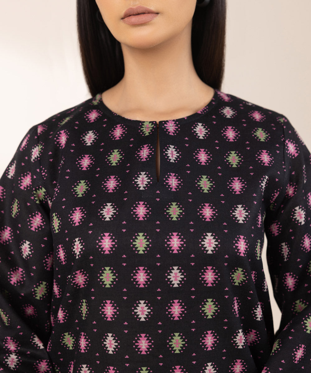 Women's Pret Khaddar Printed Black A-Line Shirt