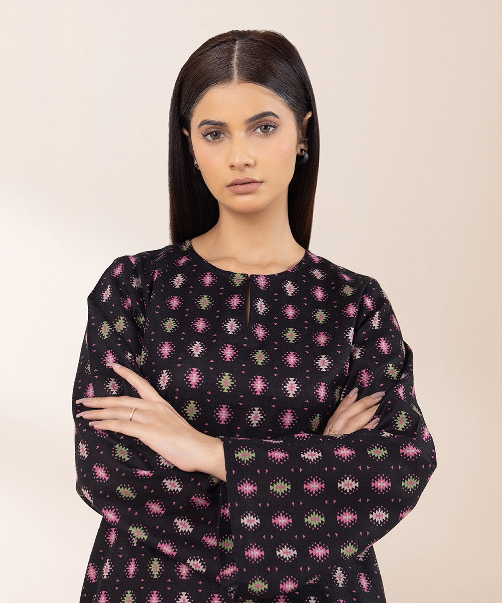 Women's Pret Khaddar Printed Black A-Line Shirt