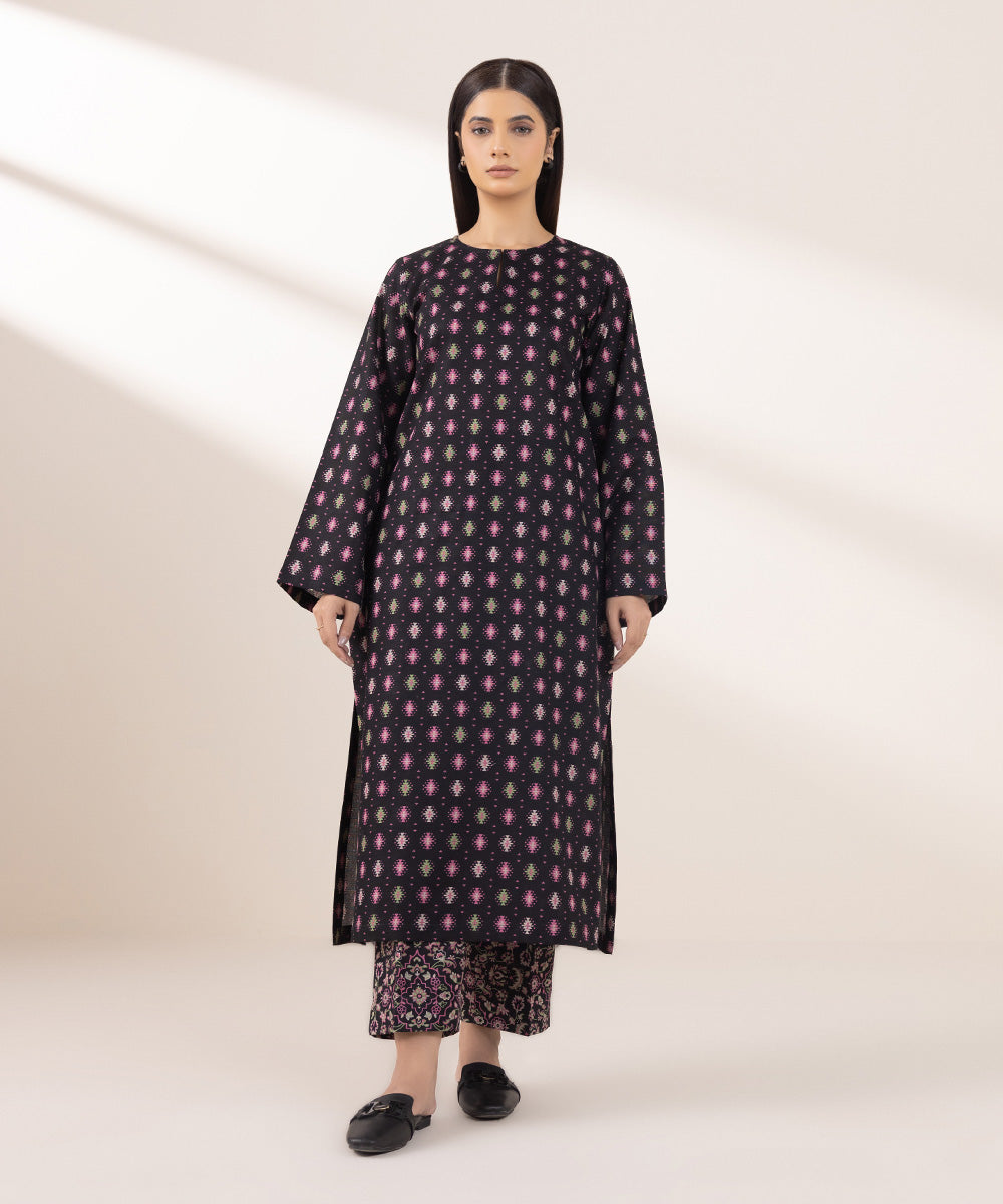 Women's Pret Khaddar Printed Black A-Line Shirt