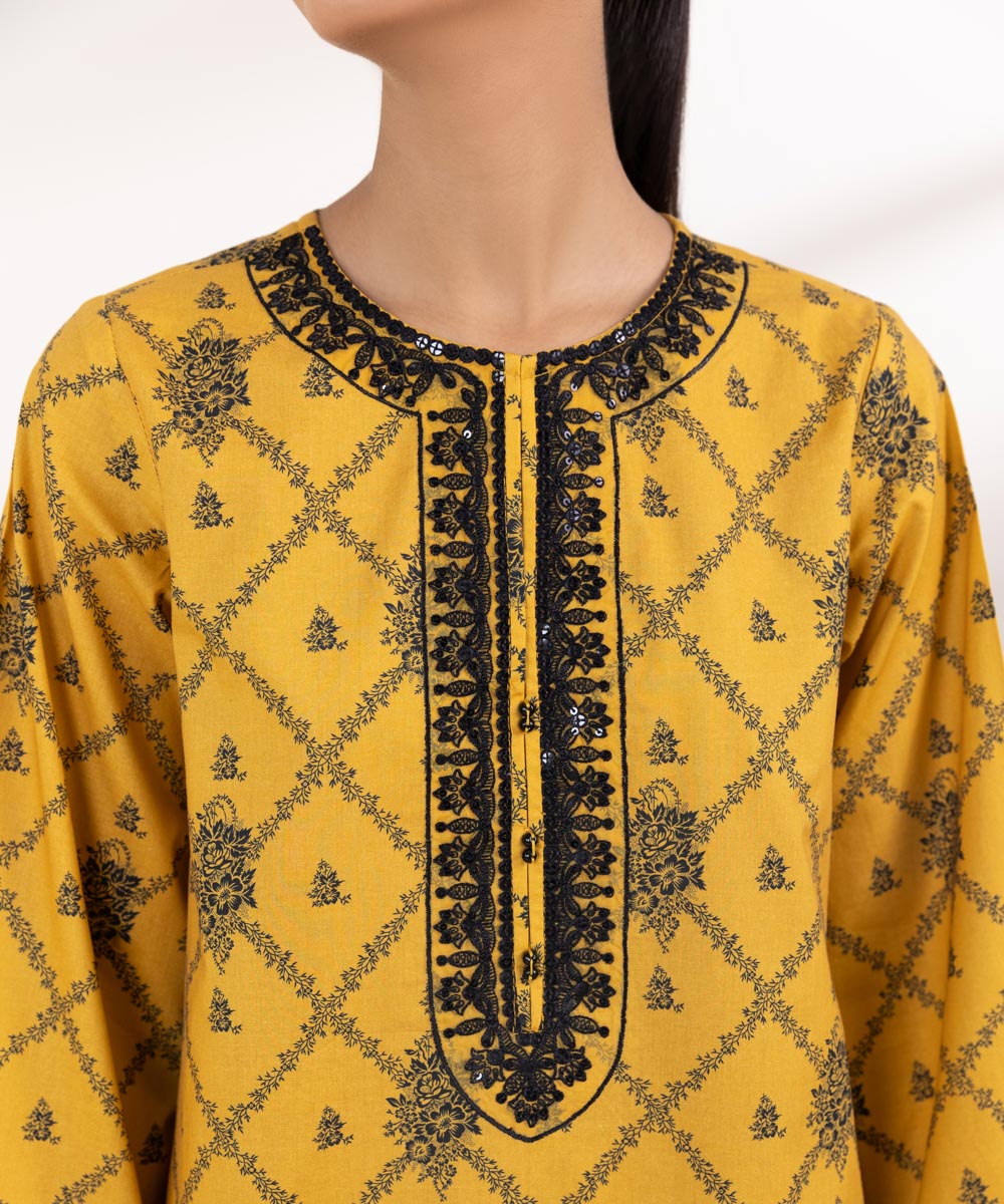 Women's Pret Cambric Embroidered Yellow A-Line Shirt