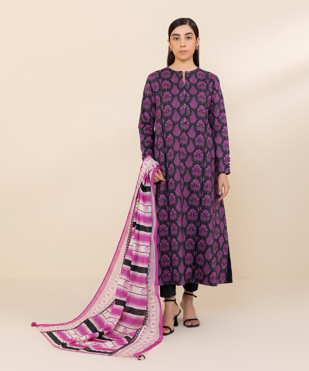 Women's Unstitched Lawn Purple Printed 3 Piece Suit