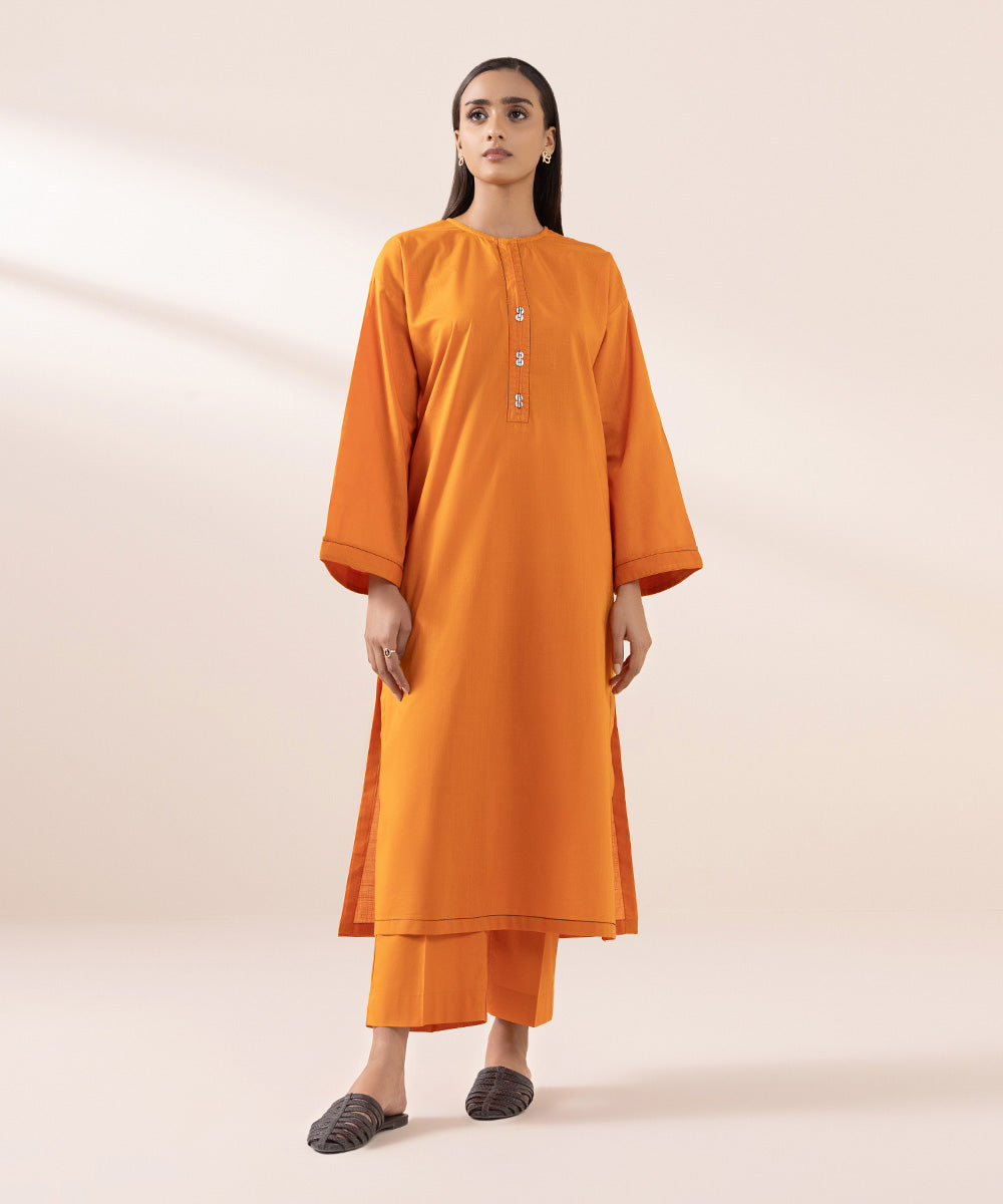 Women's Pret Cross Hatch Orange Solid Straight Shirt