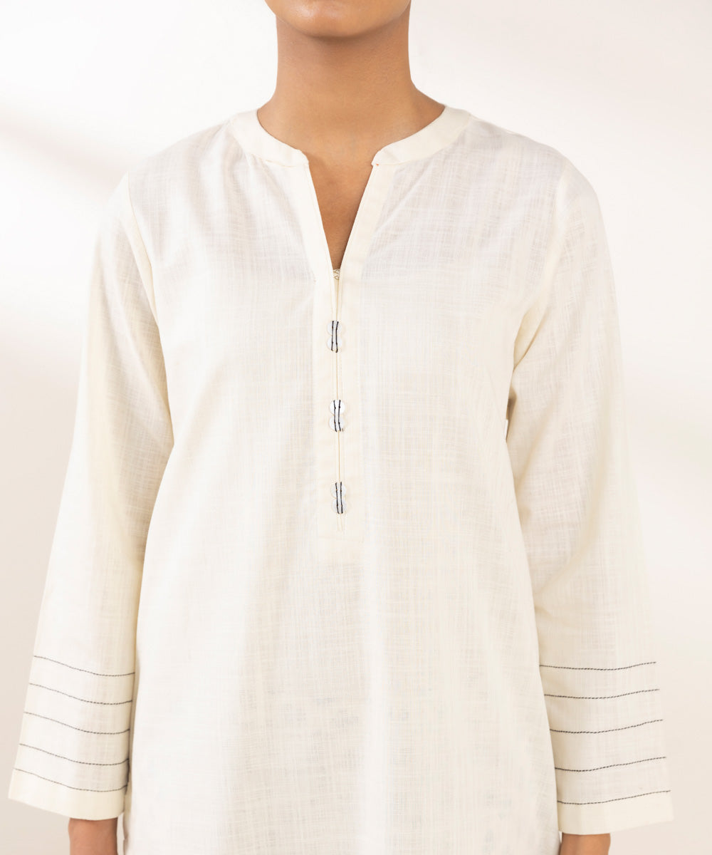 Women's Pret Khaddar Solid Off White A-Line Shirt