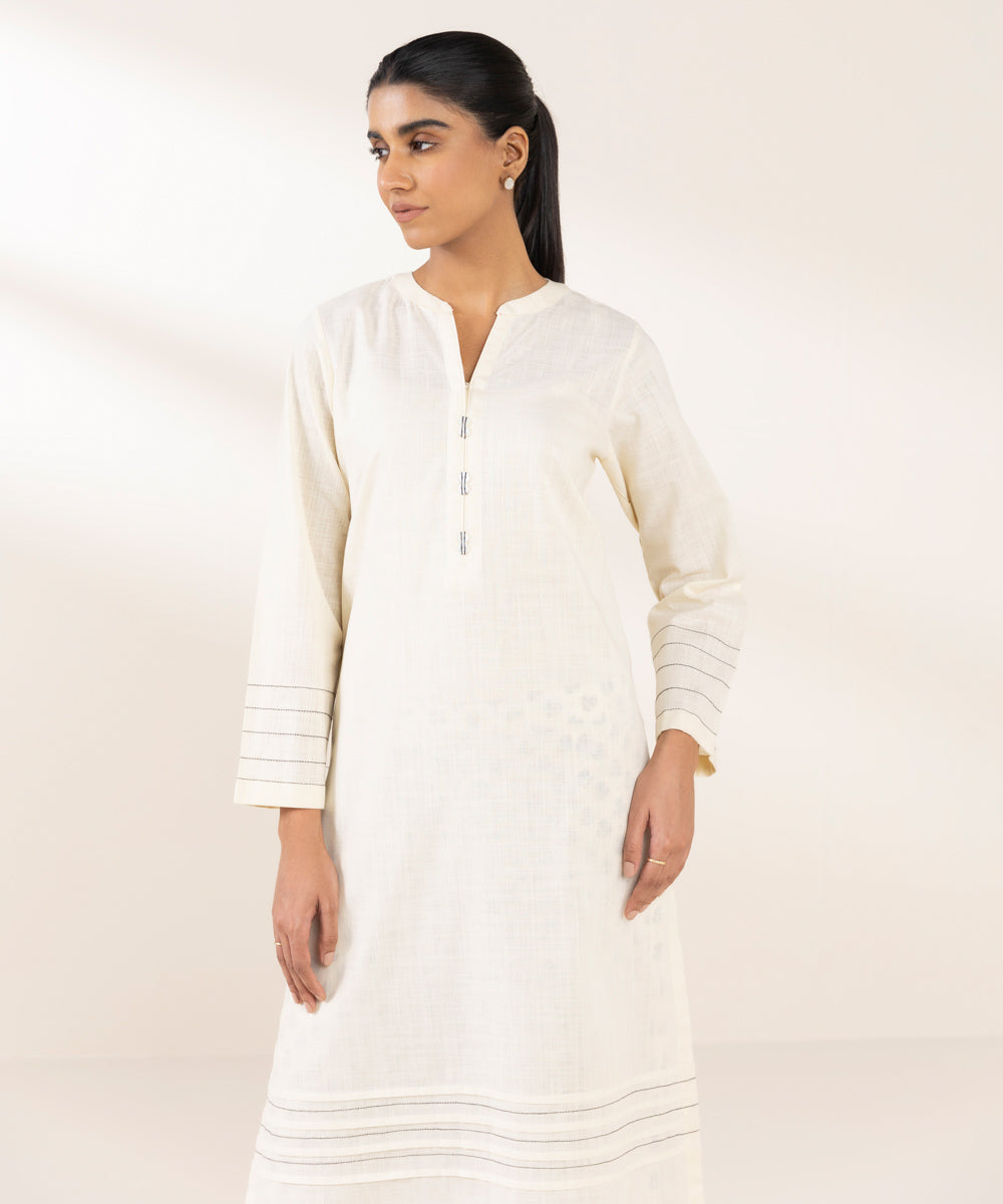 Women's Pret Khaddar Solid Off White A-Line Shirt