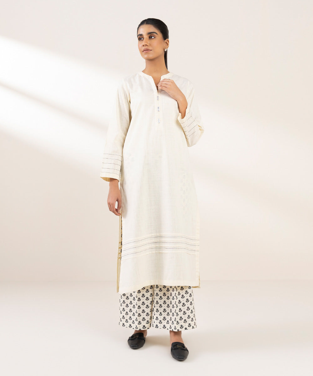 Women's Pret Khaddar Solid Off White A-Line Shirt