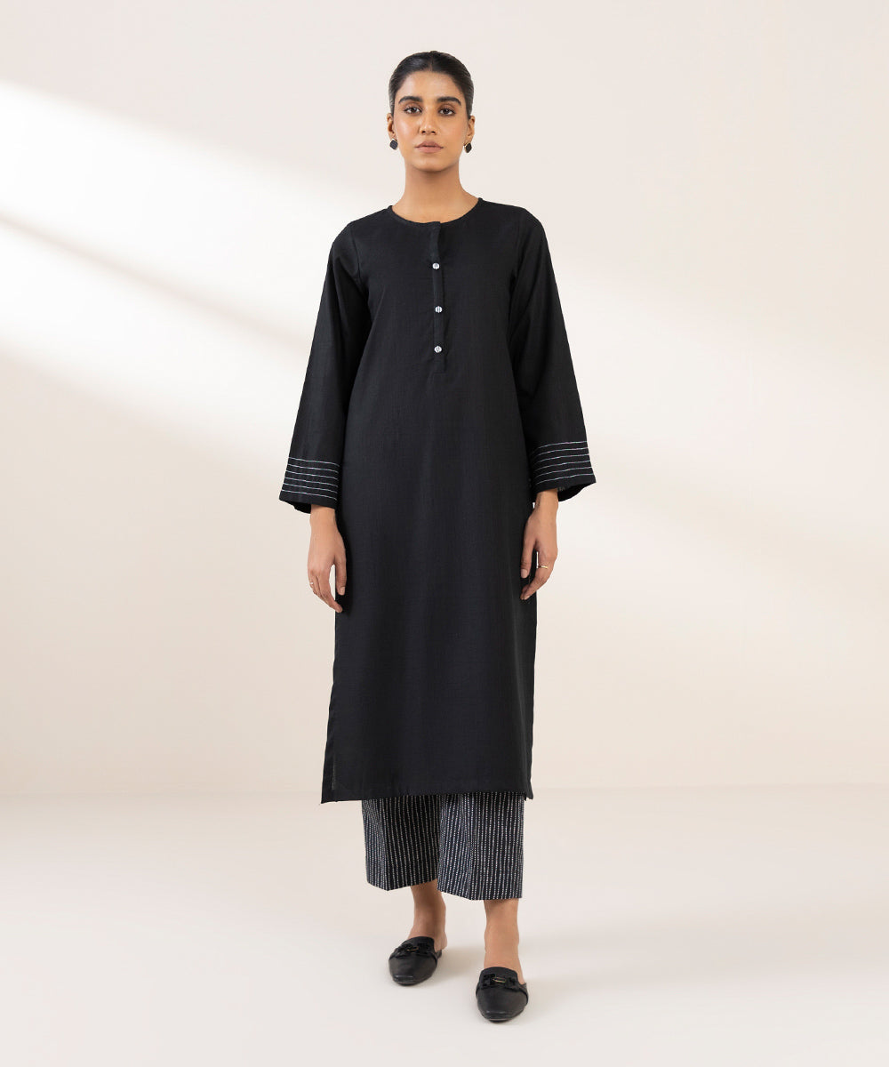 Women's Pret Khaddar Solid Black A-Line Shirt